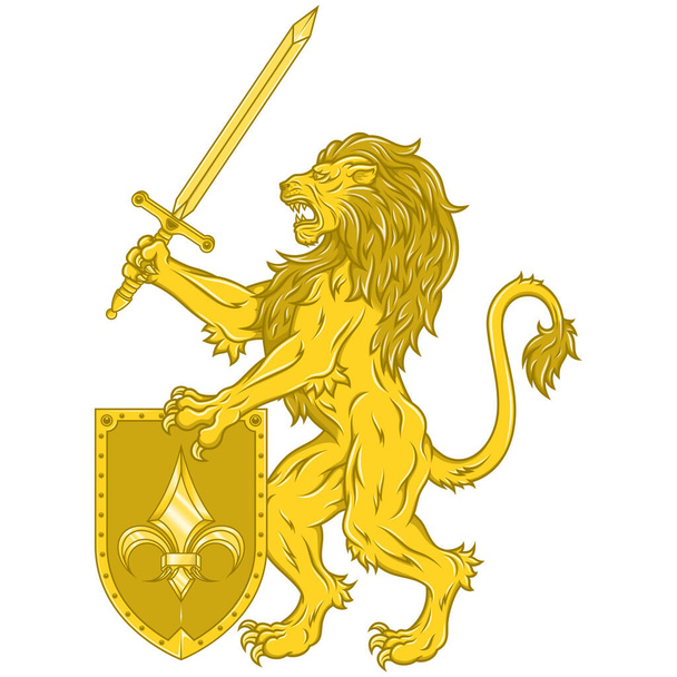 Vector design of rampant lion with sword and shield, heraldic symbol of European Middle Ages - Vektor, obrázek