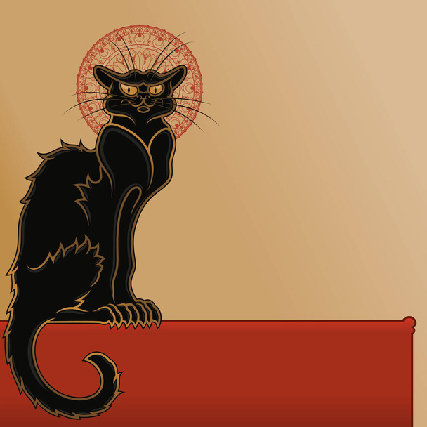 Zwarte kat vector ontwerp, zwarte kat in cartoon stijl, heks mascotte op Halloween, met ruimte om tekst te plaatsen - Vector, afbeelding