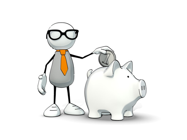 Little sketchy man with tie and glasses inserts a coin in a piggy-bank - Photo, Image