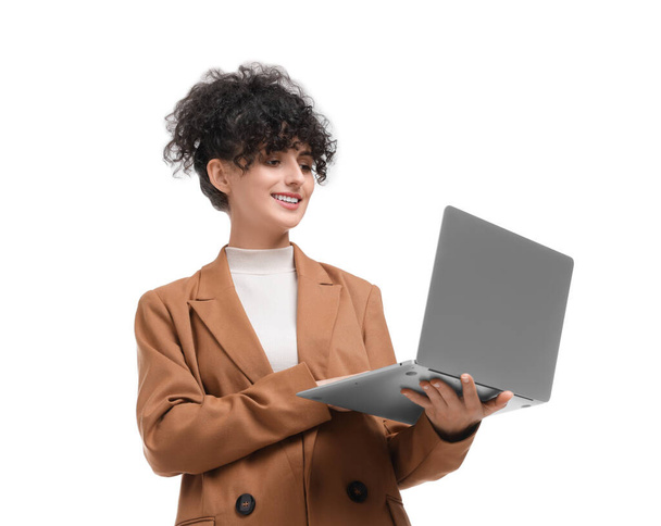 Beautiful happy businesswoman using laptop on white background - 写真・画像