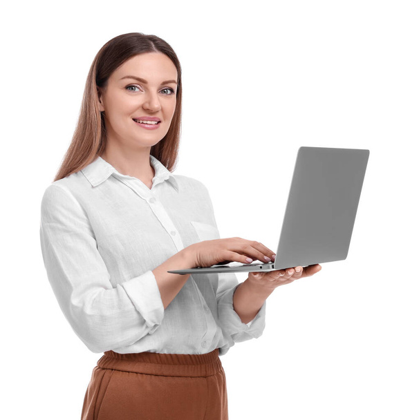 Beautiful businesswoman with laptop on white background - Foto, Imagen