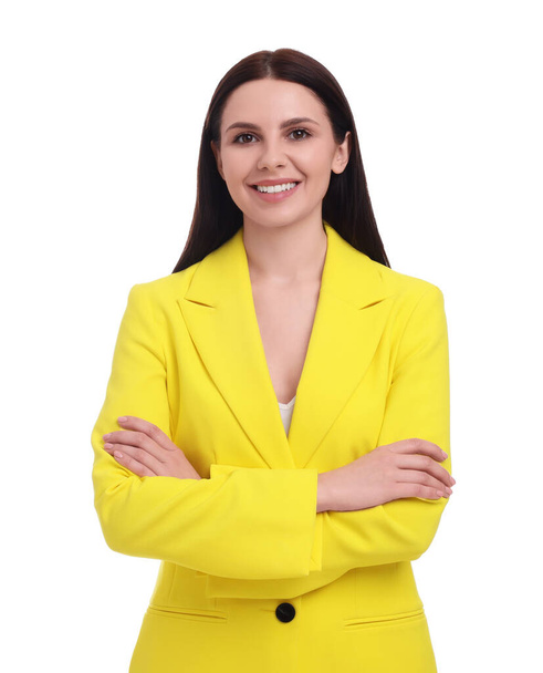Beautiful happy businesswoman in yellow suit on white background - Fotoğraf, Görsel