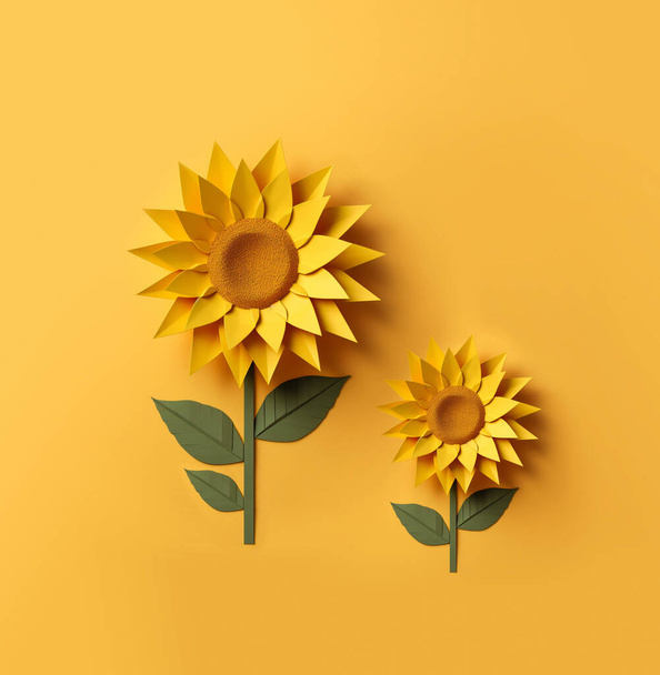 Kunst und Handwerk Origami-Sonnenblumen mit Stiel und Blättern auf gelbem Hintergrund. - Foto, Bild