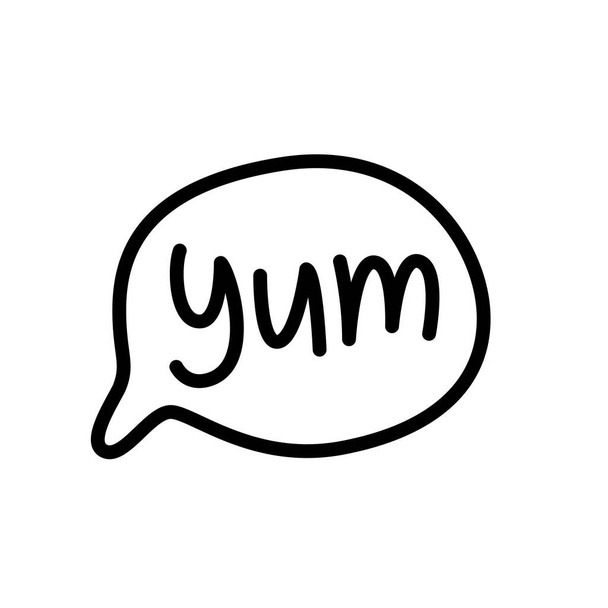 YUM doodle quote. Речевой пузырь со словом "ням". Графическая футболка с надписью. Дизайн каракули текстовый шарик для печати. Векторная иллюстрация. Карикатурный комикс. Черное и белое. Мысленный пузырь
 - Вектор,изображение