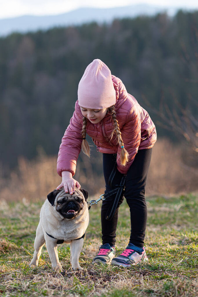 The girl strokes an obedient pug. Loyal dog, affection for a puppy. - Zdjęcie, obraz