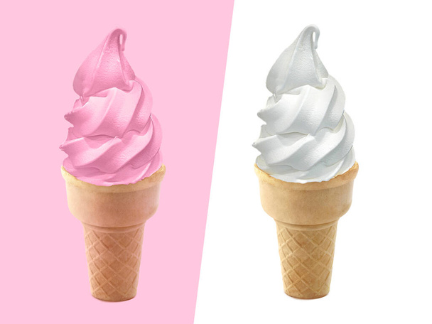 strawberry, vanilla Ice cream in the cone on white and prink background - Foto, Imagen