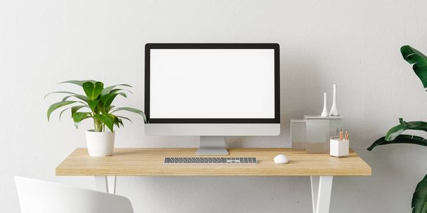 Vista frontale di un computer moderno con schermo bianco in una scrivania moderna. rendering 3d - Foto, immagini
