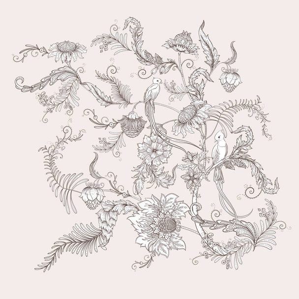 Fantasy flowers with bird of paradise quezal, in retro, vintage, jacobean embroidery style. Clip art, set of elements for design Vector illustration. - Vetor, Imagem