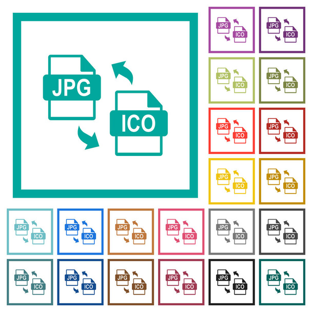 Conversión de archivos JPG ICO iconos de color plano con marcos de cuadrante sobre fondo blanco - Vector, imagen