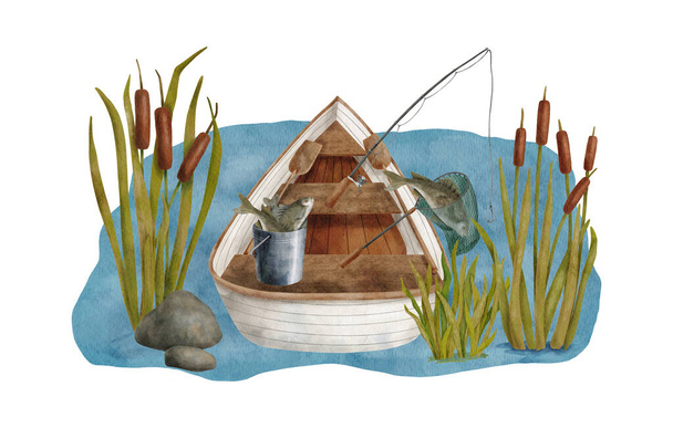 Watercolor fishing boat illustration. Hand drawn wood rowboat in blue water with fishing rod, reed, landing net and bucket with fish isolated on white background. Relaxing in nature composition - Foto, afbeelding