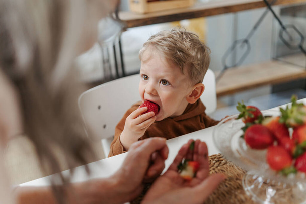 Grandmother giving homegrown strawberries to her grandson. Little boy eating fresh strawberries. - Foto, imagen