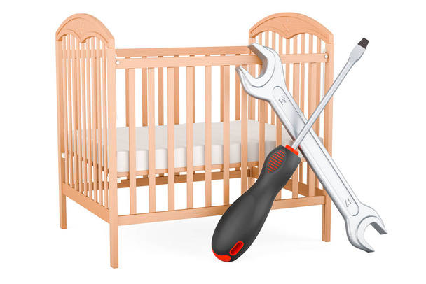 Łóżeczko dziecięce, łóżeczko niemowlęce ze śrubokrętem i kluczem. Rendering 3D izolowany na białym tle  - Zdjęcie, obraz