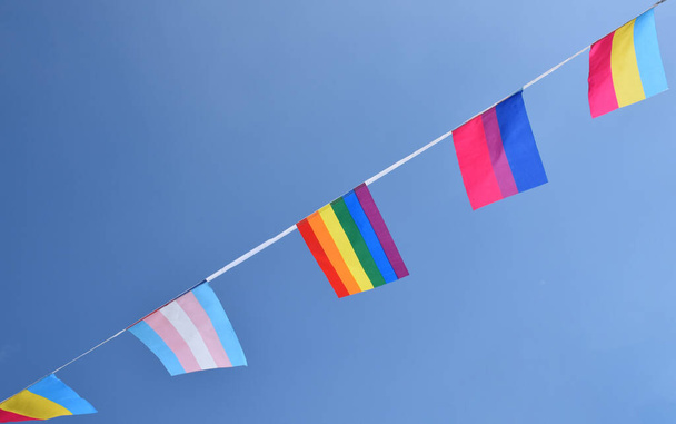 Прапори ЛГБТК+ були повішені на дріт проти блюзу в сонячний день, м'який і вибірковий фокус, концепція для ЛГБТК+ гендерних святкувань в гордості місяця по всьому світу
. - Фото, зображення