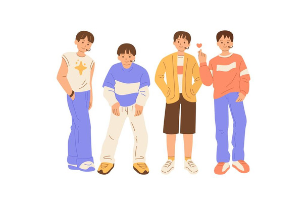 Группа K-pop мальчиков в Южной Корее. Карикатура на знаменитостей Кореи. - Вектор,изображение