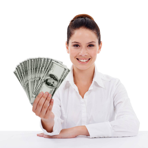 Business woman, cash fan and studio portrait for investment, winning and achievement by white background. Isolated businesswoman, prize money and success for winner with bonus, goal and profit. - Valokuva, kuva
