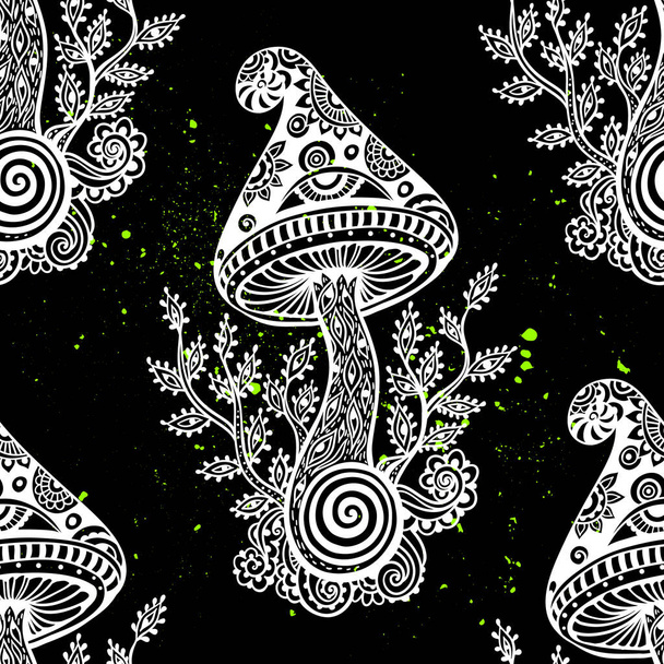 Magic Mushrooms mandala. Psychedelic pattern. Vector illustration. Zen Boho art. Decorative mushrooms, hippie, hallucination psilocybin 60s 70s - Vector, Image