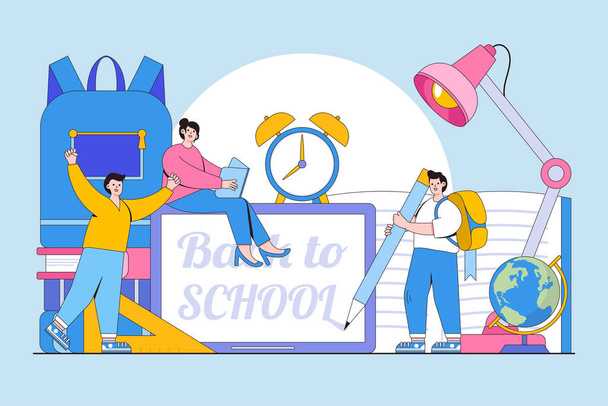 Vector illustration of back to school, preparation for study, new knowledge and online learning with people characters. - Vector, afbeelding