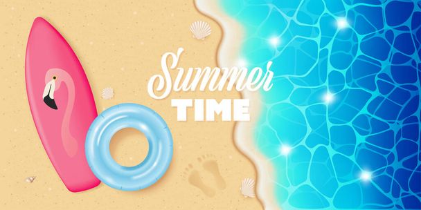 Bannière vacances d'été. Plage d'été bord de mer avec une planche de surf et anneau en caoutchouc gonflable. Illustration vectorielle en dessin animé style 3D - Vecteur, image