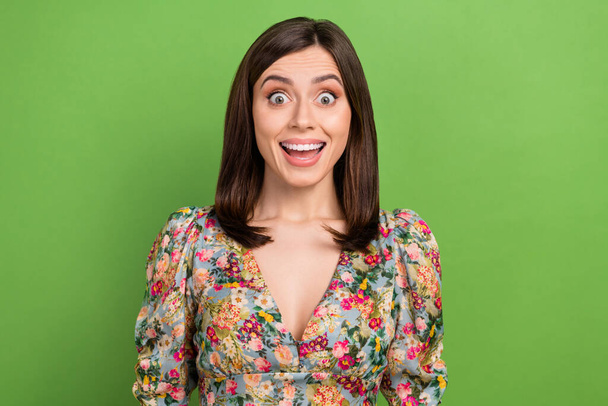 Photo of funny excited lady open mouth satisfied season sale poster wear vintage blouse isolated green color background. - Valokuva, kuva