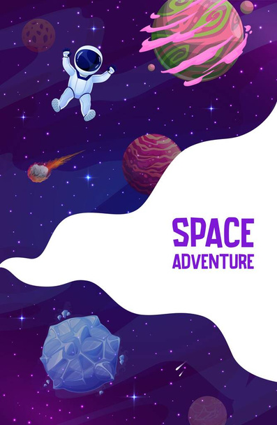 Landungsseite des Weltraums. Cartoon Astronaut im Weltraum Vektorvorlage von Unternehmen Website oder Weltraumabenteuer Webseite. Fantasie-Galaxie mit farbigen Planeten, Sternen, Feuer und felsigen Asteroiden - Vektor, Bild