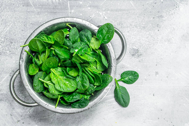 Spinach in a saucepan. On white rustic background - Foto, imagen