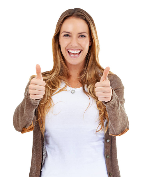 Success, thumbs up and woman in portrait isolated on a white background in thank you, support or like sign. Winning, winner or excited casual person for yes, okay or good job emoji or hands in studio. - Foto, imagen