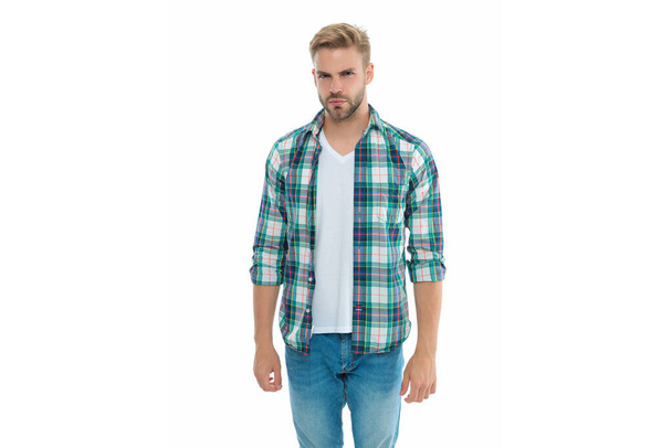millennial man wear casual style isolated on white. millennial man on background. millennial man in studio. photo of millennial man wearing checkered shirt. - Fotó, kép
