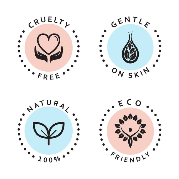Set of simple icons. Eco friendly, natural, cruelty free and gentle on skin icons. Natural organic stickers set.  - ベクター画像