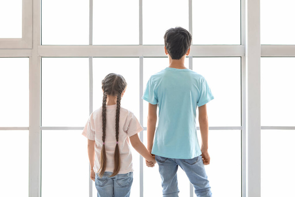 Küçük çocuk ve kız kardeşi pencerenin yanında el ele tutuşuyorlar. - Fotoğraf, Görsel