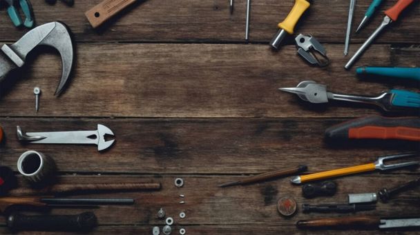 conjunto de diferentes herramientas y suministros de carpintería sobre fondo de madera con espacio de copia. concepto de construcción y estilo antiguo. - Foto, imagen
