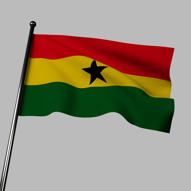 Bandiera 3D Ghana su sfondo grigio. Strisce rosse, gialle, verdi con la stella nera al centro. Il rosso rappresenta il sangue versato per l'indipendenza, il giallo simboleggia la ricchezza minerale, il verde rappresenta le foreste e la stella nera rappresenta la libertà africana. - Foto, immagini