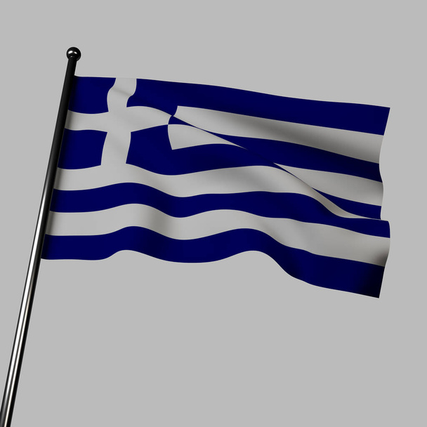 Griekenland vlag zwaaien op grijze achtergrond, 3D illustratie. Blauwe en witte horizontale strepen, met een wit kruis op de linkerbovenhoek. Het kruis vertegenwoordigt de Grieks-orthodoxe kerk. - Foto, afbeelding