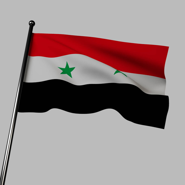 Syryjska flaga 3D falująca na wietrze, odizolowana na szarym tle. Flaga ma trzy poziome pasy czerwieni, bieli i czerni, z dwoma zielonymi gwiazdami w środku. Kolory są dla Syryjskiej Republiki Arabskiej, podczas gdy gwiazdy symbolizują jedność i partię rządzącą. - Zdjęcie, obraz