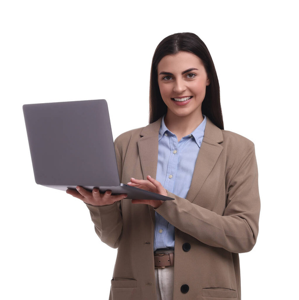 Beautiful happy businesswoman using laptop on white background - Valokuva, kuva