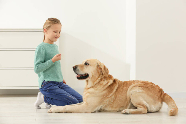 Cute child with her Labrador Retriever on floor at home. Adorable pet - 写真・画像