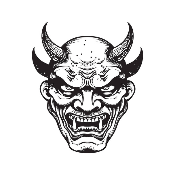 hannya japanische Theatermaske, vintage logo line art concept schwarz-weiß farbe, handgezeichnete illustration - Vektor, Bild