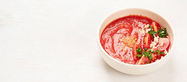 Tomato soup on white table, panorama, banner - Foto, immagini