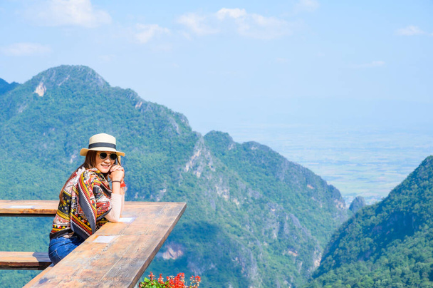 Woman Tourist with Beautiful Mountain View at Pha Hi Village, Chiang Rai Province. - Photo, Image