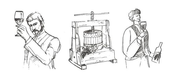 Ręcznie rysowane ilustracje do produkcji wina. Mężczyzna nosi beczek wina w koszyku. Mężczyzn nosić beczki wina. Człowiek na łodzi. Pewnie mężczyzna sommelier badanie szkła z winem w pobliżu drewnianą półkę. - Wektor, obraz