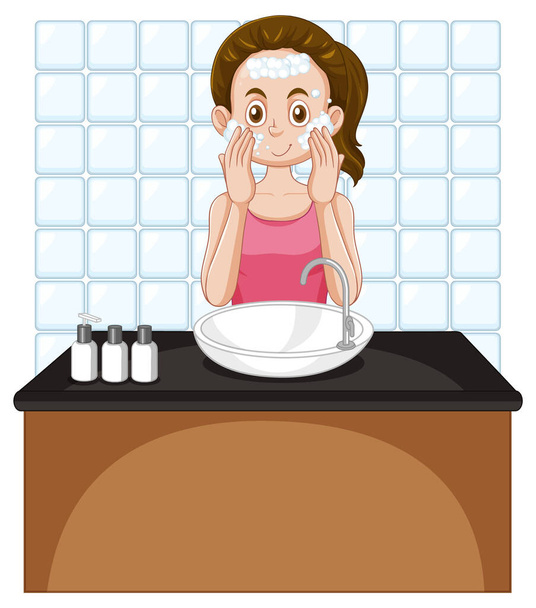 Una adolescente hembra limpiando la cara en el fregadero ilustración - Vector, imagen