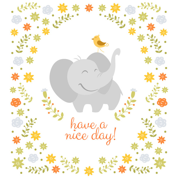 Smiling elephant on floral background - Vector, afbeelding
