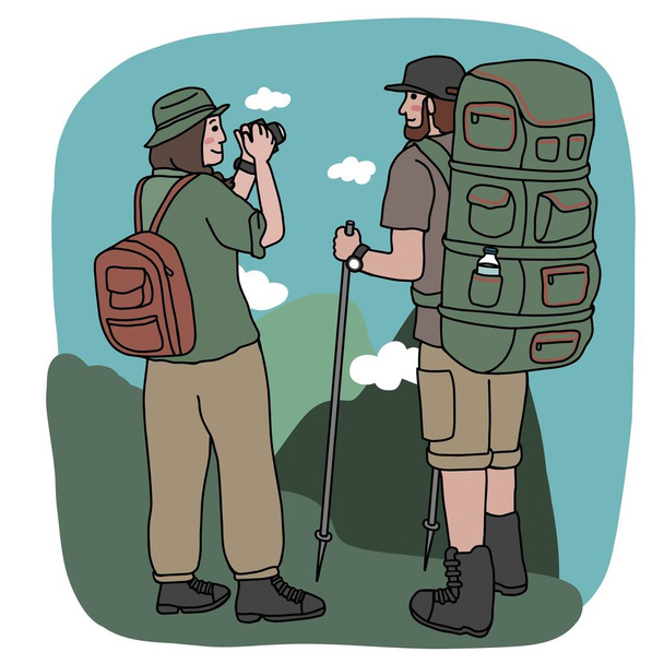 Adventure couple travel on mountain cartoon vector illustration minimal style. - Vettoriali, immagini