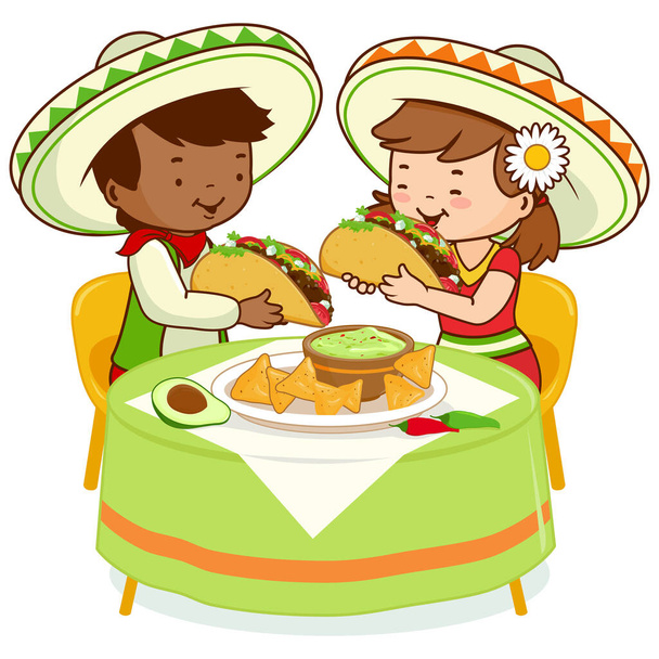 Mexican children sitting at a restaurant table, eating tacos and guacamole with nachos. Vector illustration - Vektor, Bild
