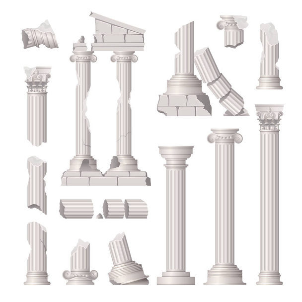 Uszkodzone starożytnych greckich kolumn ruiny realistyczny zestaw odizolowany wektor ilustracji - Wektor, obraz