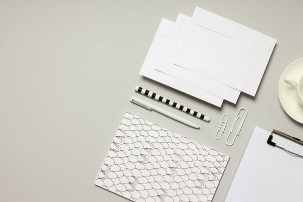 Mockup flat lay with different office accessories on light gray background - Photo, Image