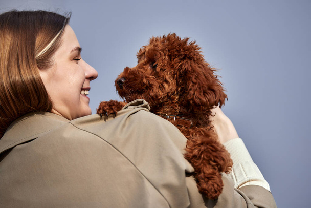 Close-up de uma jovem mulher loira em uma capa de chuva bege abraçando seu amado poodle de brinquedo vermelho. A rapariga e o cão amam-se. Mostrando conceito de afeto - Foto, Imagem