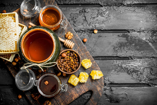 Assortment of different types of honey. On black rustic background. - Фото, зображення