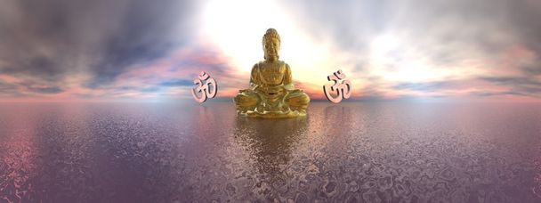 Boeddha en aum symbool - 3d render - Foto, afbeelding