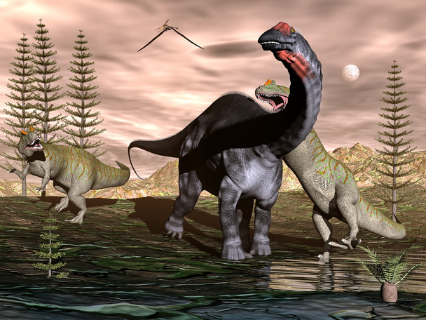 Az Allosaurus támadás apatosaurus dinoszaurusz - 3d render - Fotó, kép