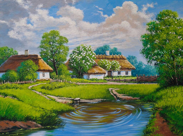 Tájkép, olajfestmény vásznon. Ukrajna, ház az erdőben és a folyó, táj egy tó és fák - Fotó, kép